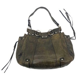 Francesco Biasia Brown Distressed Leather Boho Hobo Shoulder Bag Fringe Detail